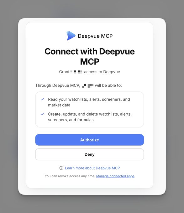 The image shows a "Connect with Deepvue MCP" authorization screen asking users to grant access to Deepvue, with options to read watchlists, alerts, screeners, and market data, plus create/update/delete these and formulas. The accompanying post announces Deepvue MCP as "Coming Soon," suggesting this is a preview of the MCP (Model Context Protocol) integration feature that will allow third-party applications to connect with Deepvue's financial data platform.