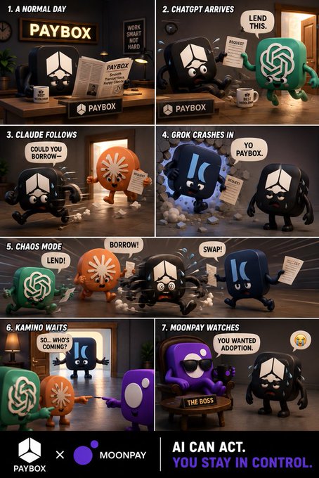 A comic-style infographic showing various AI chatbots (ChatGPT, Claude, Grok, Kaming, and Moonpay) as cartoon characters in an office setting, with speech bubbles depicting a chaotic scene, and text at the bottom reading 'PAYBOX × MOONPAY' and 'AI CAN ACT. YOU STAY IN CONTROL.'