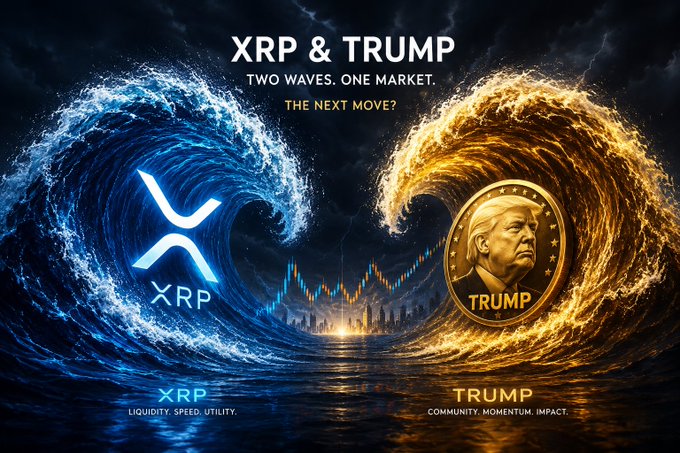 The image pits a blue XRP wave against a gold TRUMP wave, captioned “XRP & TRUMP – Two Waves. One Market. The Next Move?”—a visual echo of the post noting South Korean traders generated $830 M in an hour, with XRP leading at 32.2% of volume and TRUMP at 10.93%.