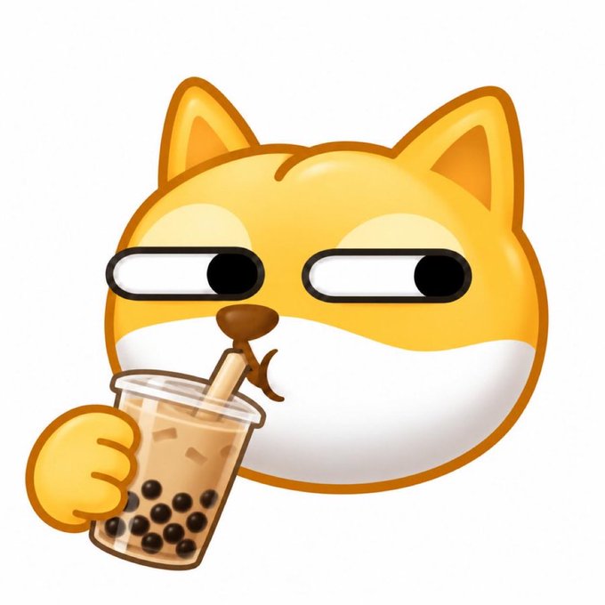 A cartoon sticker-style illustration of a chubby orange cat wearing sunglasses while drinking bubble tea (boba) through a straw.