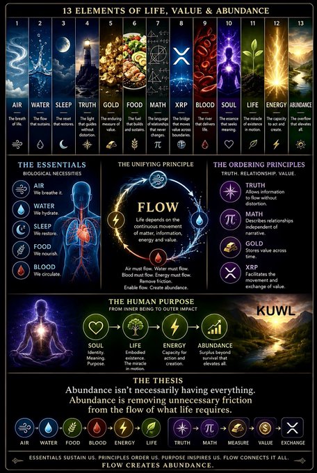 An infographic titled "13 Elements of Life, Value & Abundance" illustrates concepts such as Air, Water, Sleep, Truth, Gold, Food, Math, XRP, Blood, Soul, Life, Energy, and Abundance, each represented by imagery and a brief definition. The accompanying post highlights the connection between natural human essentials (breath, hydration, restoration) and broader systems of orientation (truth, enduring measure, immutable relationships), reinforcing the infographic's central thesis that abundance arises from removing friction and aligning with purposeful flow.