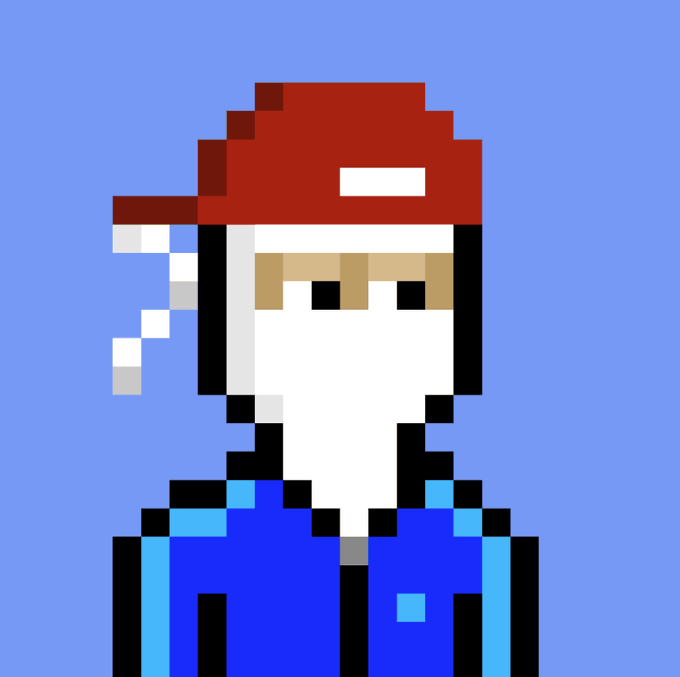 A simple pixel art depiction of a figure wearing a red cap and blue jacket against a blue background, lacking any visible text or identifying features. The generic character design appears to represent an anonymous NFT investor or crypto degen bracing for impact as the post humorously illustrates how rising Ethereum prices make blue-chip NFTs increasingly unaffordable, requiring one to "COPE harder" at $10K ETH.