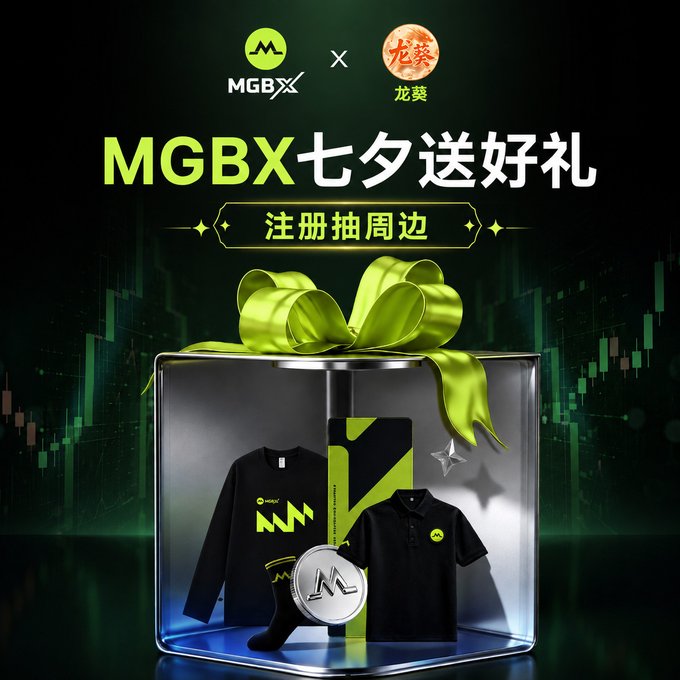 An MGBX promotional graphic for Qixi Festival (七夕) featuring a gift box with merchandise and Chinese text reading "MGBX七夕送好礼" and "注册抽周边".