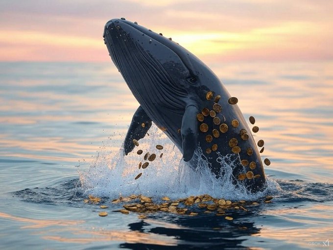 A majestic humpback whale breaches through calm ocean waters at sunset, scattering gold coins from its mouth and surrounding waters, symbolizing the massive Dogecoin whale purchase of 200 million DOGE worth $14M on Robinhood.