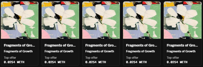 The image shows five identical NFT listings from the collection "Fragments of Growth," each priced at 0.0254 MΞTH and marked as a "Top offer," reflecting the user's purchase of multiple pieces from the Frag_Growth secondary market.