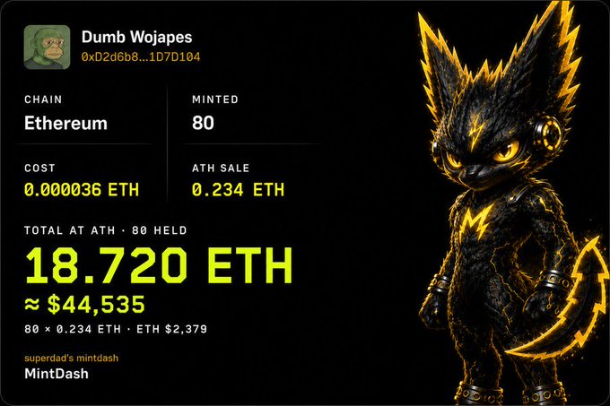A MintDash dashboard displays stats for the "Dumb Wojapes" NFT collection on Ethereum, showing 80 minted at a cost of 0.000036 ETH, with an ATH sale of 0.234 ETH and a total value of 18.720 ETH (~$44,535) at ATH. The image visualizes the same figures cited in the post by superdad, who highlights these metrics while promoting a live session on how to use the MintDash tool in the NavigatingWeb3 server.