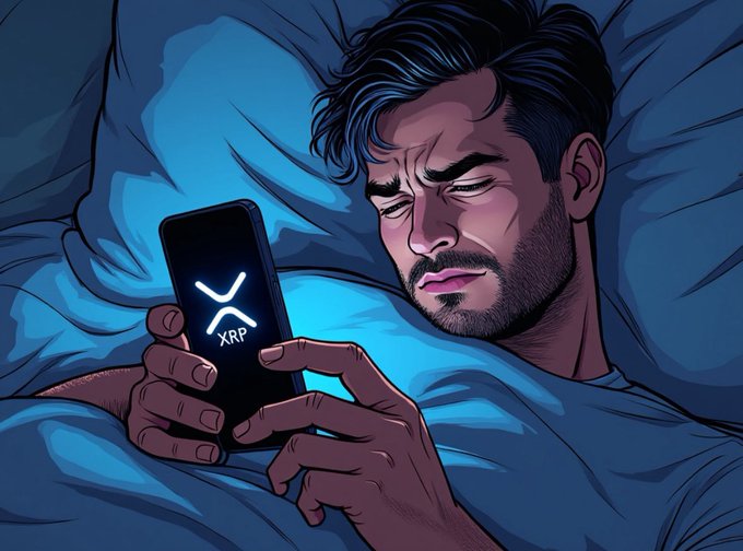 Illustrated image of a distressed-looking man lying in bed under blue sheets, staring at his phone displaying the XRP (XRP) logo.