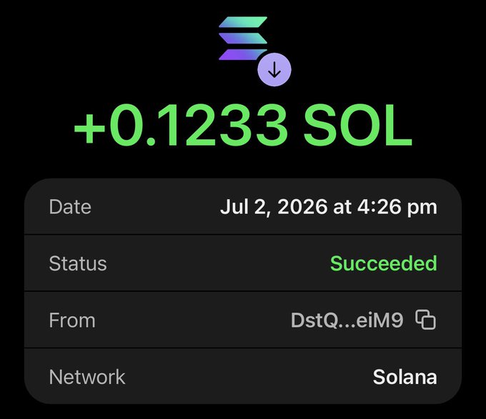 A Solana blockchain transaction confirmation showing a deposit of +0.1233 SOL that succeeded on July 2, 2026.