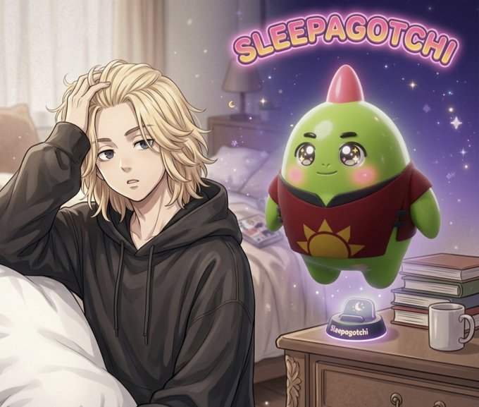 An anime-style illustration showing a blonde-haired person in a black hoodie looking tired next to a green digital character labeled "SLEEPAGOTCHI" floating over a nightstand with books and a mug.
