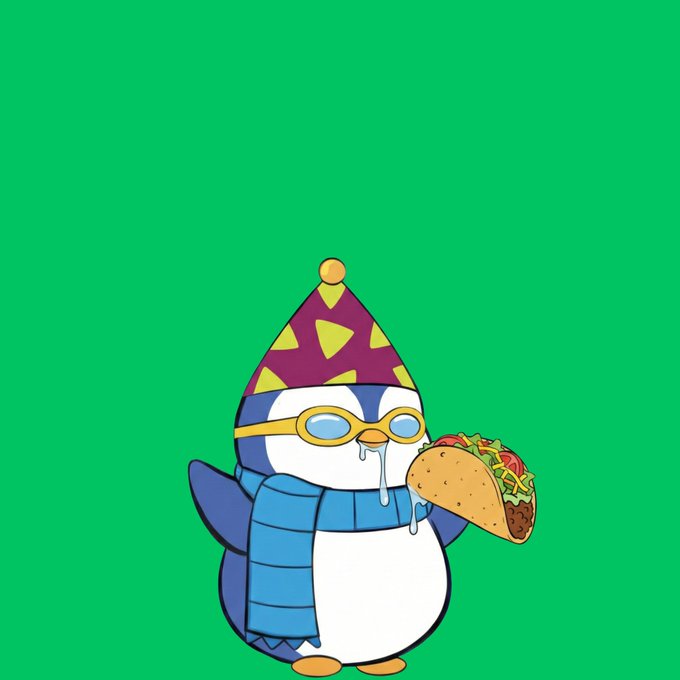 A cartoon penguin wearing a party hat, goggles, and scarf drools while holding a large taco, perfectly capturing the "happy Taco Tuesday" spirit with its enthusiastic, food-loving pose.
