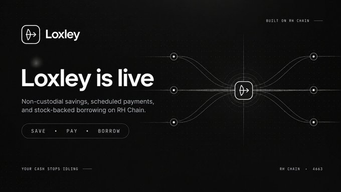A promotional graphic announcing 'Loxley is live' on RH Chain, featuring its logo and tagline 'Non-custodial savings, scheduled payments, and stock-backed borrowing on RH Chain.' with the buttons 'SAVE PAY BORROW' and 'YOUR CASH STOPS IDLING'.