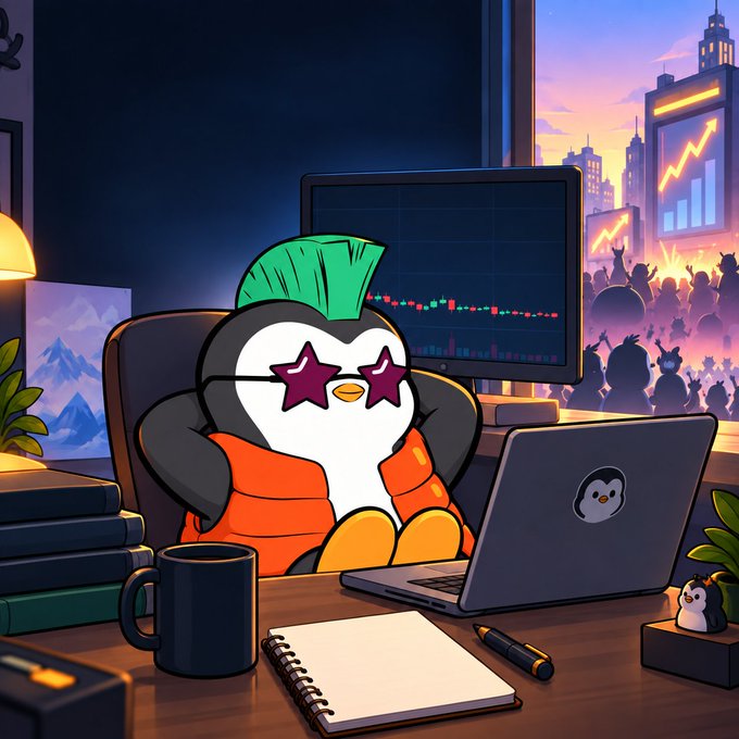 A cartoon penguin with a green mohawk and star-shaped sunglasses sits relaxed at a desk, working on a laptop while a trading chart flickers on a monitor behind them. Through the window, an excited crowd gathers around screens showing rising charts, capturing the moment after the "boring" early opportunity has caught mainstream attention—visually reinforcing the message that being early (not "number 2") is where the real wins happen.