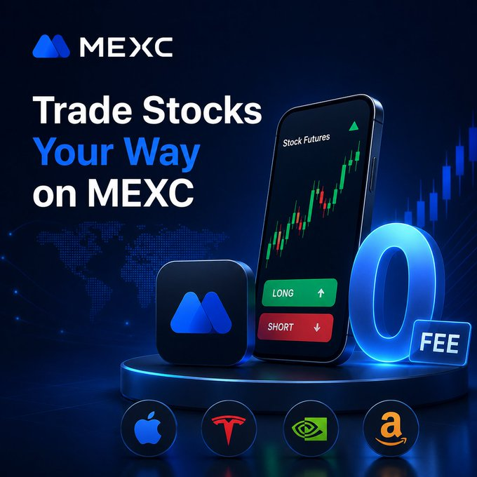 A promotional graphic for MEXC reading 'Trade Stocks Your Way on MEXC' with a phone showing stock charts, a '0 FEE' badge, and logos for Apple, Tesla, NVIDIA, and Amazon.