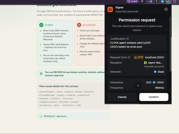The image shows a computer screen with a screenshot of a program window that displays a permission request for an Imports account. The image also includes some text about the program "let an AI manage DeFi yield without ever holding user funds", which is related to the concept of DeFi and the use of AI in managing cryptocurrency exchanges, trading, or other activities within the Ethereum ecosystem.