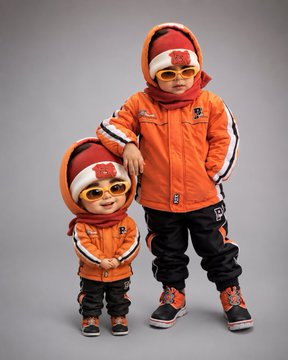 Two young children dressed in matching bright orange hooded winter jackets, snow pants, and reflective ski goggles, posing together in a studio setting.