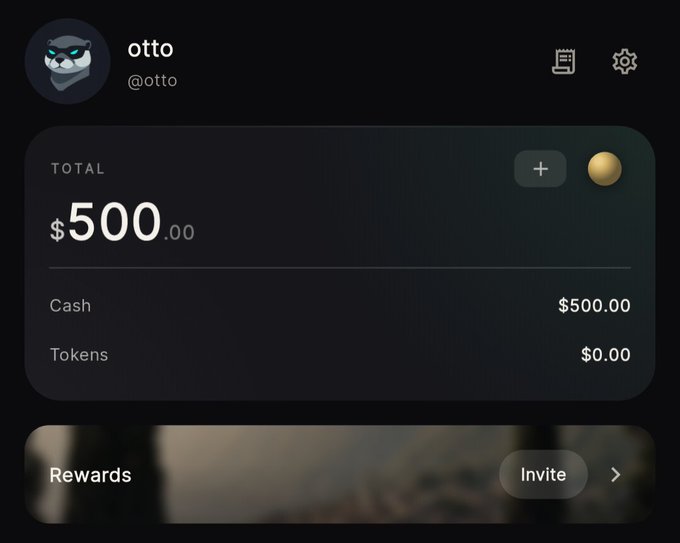 A dark-themed digital wallet interface displays user "otto" (@otto) with a total balance of $500.00, broken down into $500.00 cash and $0.00 tokens, alongside a "Rewards" section with an "Invite" button. The image illustrates the Virtuals Protocol app's wallet interface, suggesting the user has gained access without needing an invite code.