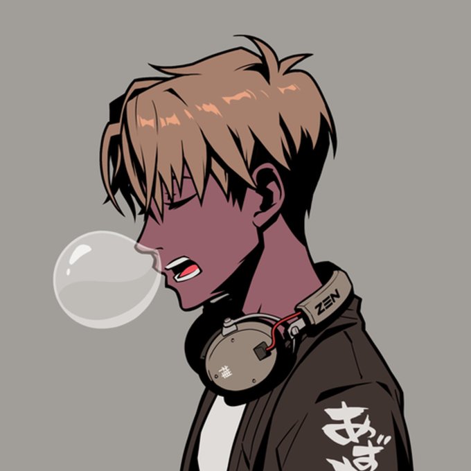 An anime-style illustration shows a brown-haired character with headphones around their neck, blowing a bubble with gum, wearing a jacket with Japanese text on the sleeve.