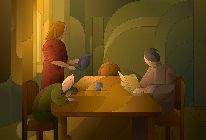 A stylized, layered illustration depicts four figures around a wooden table in a dimly lit, green-toned room with Art Deco arched details.
