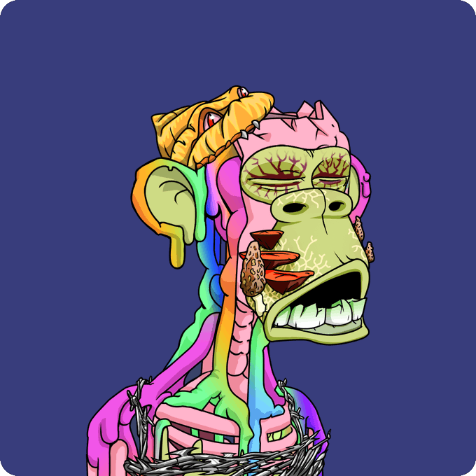 A colorful, stylized digital illustration of a monstrous ape/gorilla-like creature with an exposed pink brain, sharp teeth, and rainbow-colored flowing elements, set against a dark blue background.
