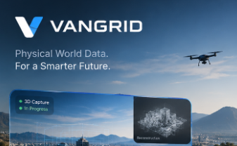 A webpage for 'VANGRID' with the tagline 'Physical World Data. For a Smarter Future.' featuring an aerial drone view of a city.