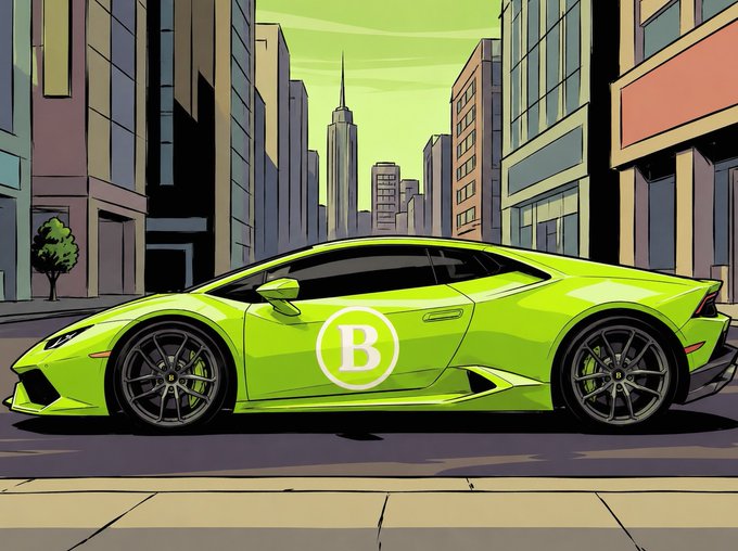 A stylized vector cartoon illustration of a lime green sports car with a white 'B' logo on its door, parked on a city street with skyscrapers in the background.