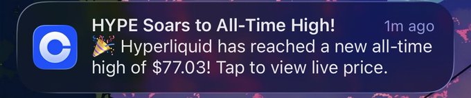 A mobile notification from Coinbase reading 'HYPE Soars to All-Time High! Hyperliquid has reached a new all-time high of $77.03.'