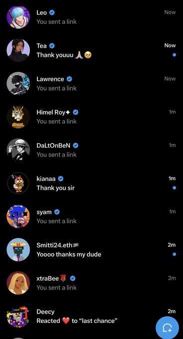A messaging app inbox displays multiple users (Leo, Tea, Lawrence, Himel Roy, DaLtOnBeN, kianaa, syam, Smitti24.eth, xtraBee, Deecy) receiving sent links or thanking the sender, directly illustrating the poster's claim about sending 20+ invite links in their DMs.