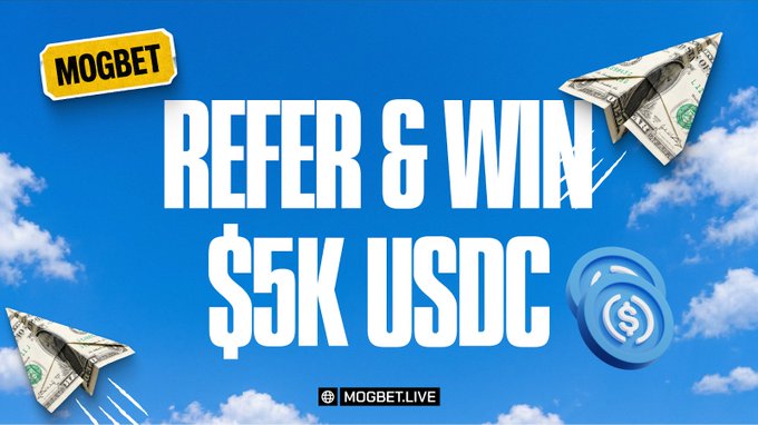 A promotional graphic for Mogbet featuring a blue sky background with paper airplanes made of dollar bills, displaying the text "REFER & WIN $5K USDC" alongside the MOGBET logo and "mogbet.live" URL, advertising their $5,000 USDC giveaway contest requiring follows, likes, comments, and waitlist signup.