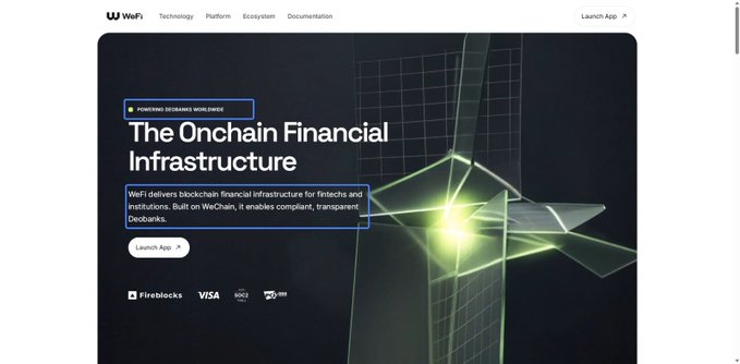 The image shows the WeFi website homepage featuring the headline "The Onchain Financial Infrastructure," highlighting WeFi's blockchain-based financial services for fintechs and institutions, with logos of partners Fireblocks, Visa, and others displayed below. It relates to the post by showcasing the official WeFi branding that the FINTRAC MSB registration in Canada pertains to.