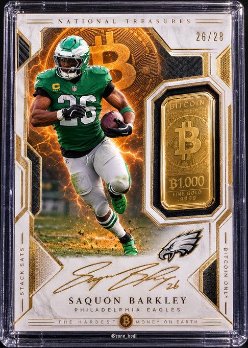 A National Treasures sports trading card featuring Saquon Barkley (#26) of the Philadelphia Eagles, with a gold Bitcoin bar insert, numbered 26/28, captioned 'THE HARDEST MONEY ON EARTH.'
