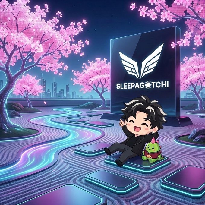 A digital artwork with cherry blossoms, a chibi character, and a sign reading 'SLEEPAGOTCHI'.