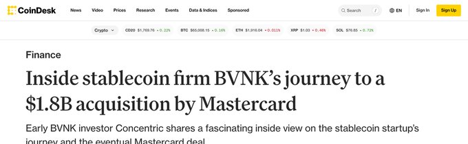 CoinDesk headline: "Inside stablecoin firm BVNK's journey to a $1.8B acquisition by Mastercard," with subtext noting early investor Concentric shares the inside story. The image directly illustrates the post's claim that BVNK's founders rejected Coinbase's reportedly higher $2.5 billion bid in favor of Mastercard's $1.8 billion offer, highlighting banks' strong desire to enter the stablecoin space.