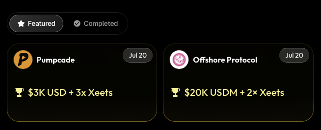 The image shows two completed featured competition rewards dated Jul 20: "Pumpcade" offering $3K USD + 3x Xeets, and "Offshore Protocol" offering $20K USDM + 2x Xeets. The post expresses surprise at these creator rewards, specifically highlighting the $3K USD payout for creators and the $20K USDM prize pool that must be split among winning squad members.
