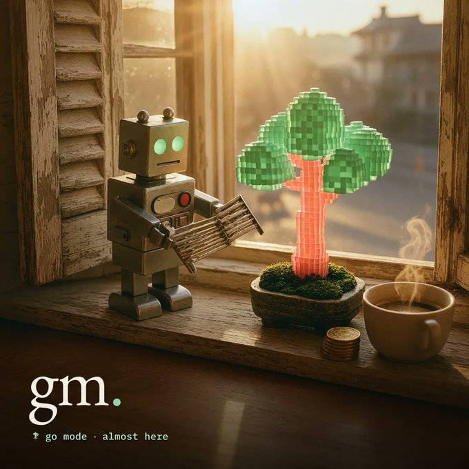An AI-generated image of a vintage robot watering a pixelated tree on a windowsill with 'gm. go mode · almost here' text displayed.