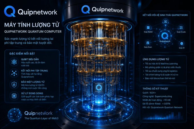 The image features a large computer chip with blue lights, which appears to be a part of Quipnetworks' Quantum Computing project. The computer chip is surrounded by a complex network of wires and tubes, indicating its intricate design. The image also includes text in both English and Vietnamese, providing information about the project and its purpose.