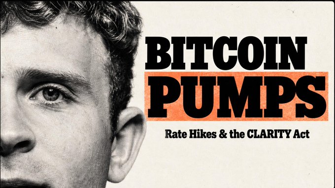 Thumbnail-style image with a close-up black-and-white portrait of a man beside bold text 'BITCOIN PUMPS' and subtitle 'Rate Hikes & the CLARITY Act'.