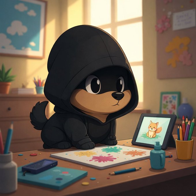 The image features a cartoon dog sitting at a desk with various art supplies, including pencils, markers, and paintbrushes. The dog appears to be drawing or painting something, possibly a picture of a squirrel. There are also some books on the desk, which might contain reference materials for the artist's work. A cup is placed nearby, suggesting that the artist has been working on their project for an extended period of time.