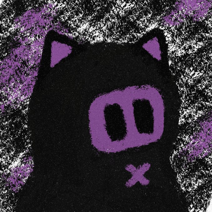 A stylized digital illustration depicts a black cat-like silhouette with pointed ears, featuring bold purple accents including a large "00" design resembling eyes or glasses on its face, a small purple "X" near its chin, and triangular purple markings on its ears, all set against a textured, grainy background of black, white, and purple scribbles that gives the artwork a spooky, rough-hewn aesthetic fitting the "purple & spooky" theme of the freshly minted Tuteth NFT described in the post.