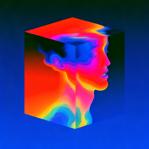 A colorful 3D cube displaying a thermal-style profile of a human head against a dark blue background.