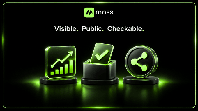 A moss-branded slide reading 'Visible. Public. Checkable.' above three glowing green 3D pedestals displaying a growth chart, a checkmark card, and a share icon.
