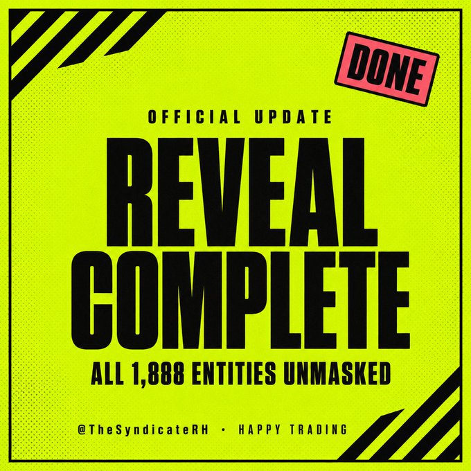 A bright yellow graphic with bold black text reading 'OFFICIAL UPDATE REVEAL COMPLETE ALL 1,888 ENTITIES UNMASKED' with a 'DONE' sticker and the handle '@TheSyndicateRH'.