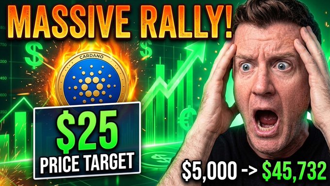 This is a YouTube thumbnail featuring a shocked man with hands on his face, next to a fiery Cardano (ADA) logo and the bold text "MASSIVE RALLY!" with a "$25 PRICE TARGET" and the claim "$5,000 → $45,732," illustrating the post's discussion of potential returns from a Cardano investment.