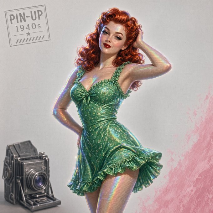 A stylized 1940s pin-up illustration of a red-haired woman in a green dress posing next to a vintage camera, with a 'PIN-UP 1940s' label in the upper left corner.