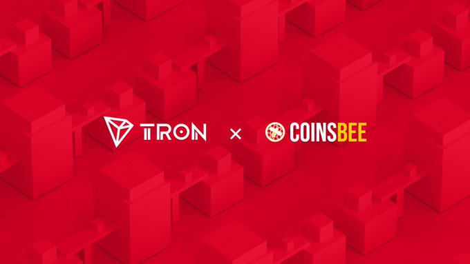 The image displays a collaboration announcement between TRON and COINSBEE, featuring their logos on a red 3D isometric background with a "x" symbol between them. It serves as a promotional graphic for the accompanying post about TRON DAO governance proposals, highlighting the network's decentralized community voting system for parameter adjustments, software upgrades, and fee changes.