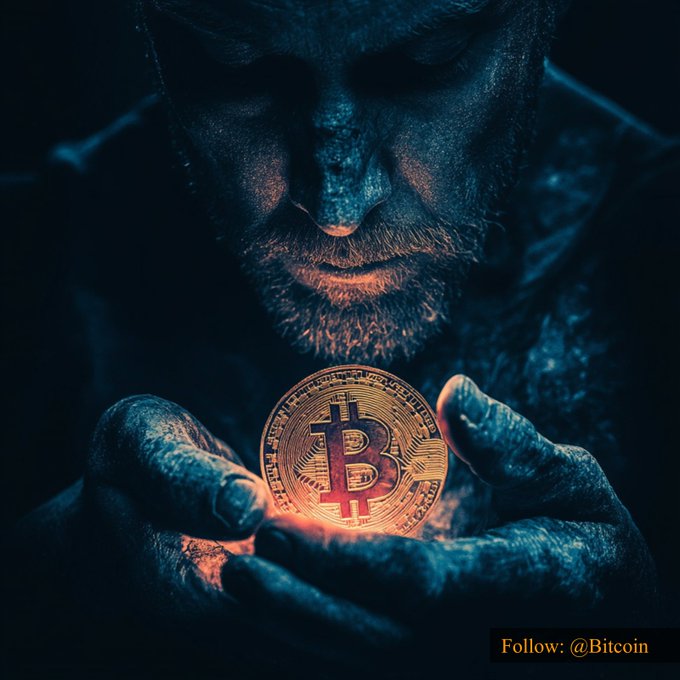A bearded figure cradles a glowing golden Bitcoin coin in dark, weathered hands, the warm light illuminating his intense gaze. The watermark "Follow: @Bitcoin" appears in the corner, evoking the reverence and high-value sentiment behind the $79,436.35 #Bitcoin price tag.