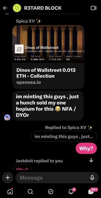 A screenshot of a social media DM conversation where a user named 'Spica XV' promotes a free mint of 'Dinos of Wallstreet' NFT collection, and another user named 'Justdoit' replies 'Why?'