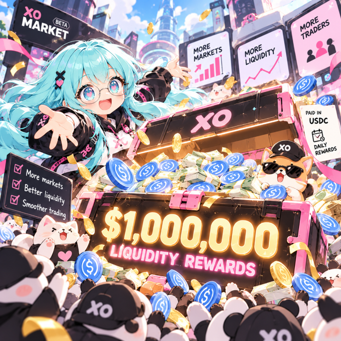 An anime-style promotional graphic for 'XO MARKET BETA' features a teal-haired character, a dog in sunglasses, and text advertising '$1,000,000 LIQUIDITY REWARDS' along with 'MORE MARKETS' and 'MORE LIQUIDITY' panels.
