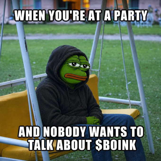 The image features a frog or frog character wearing a hoodie, sitting on a yellow bench with text that reads "When you're at a party and nobody wants to talk about $BOINKK". The caption of the image includes a reference to Boink enthusiasts taking over social media platforms like Twitter.!