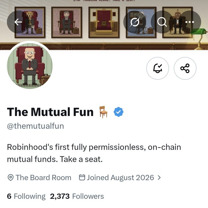 A Twitter/X profile page for 'The Mutual Fun' (@themutualfun), described as 'Robinhood's first fully permissionless, on-chain mutual funds,' with 2,373 followers.