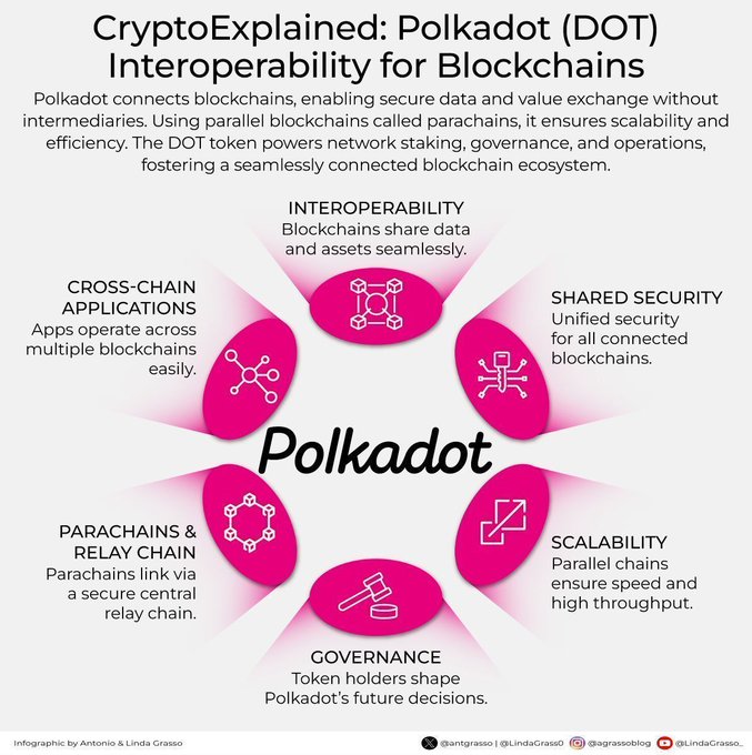 An infographic titled "CryptoExplained: Polkadot (DOT) — Interoperability for Blockchains" illustrates six core features of the Polkadot network—Interoperability, Shared Security, Scalability, Governance, Parachains & Relay Chain, and Cross-Chain Applications—arranged around the central "Polkadot" wordmark. The graphic visually reinforces the accompanying post by showing how DOT enables blockchain connectivity, parallel transactions, and shared security, complementing the description of its staking, governance, and interoperability functions.